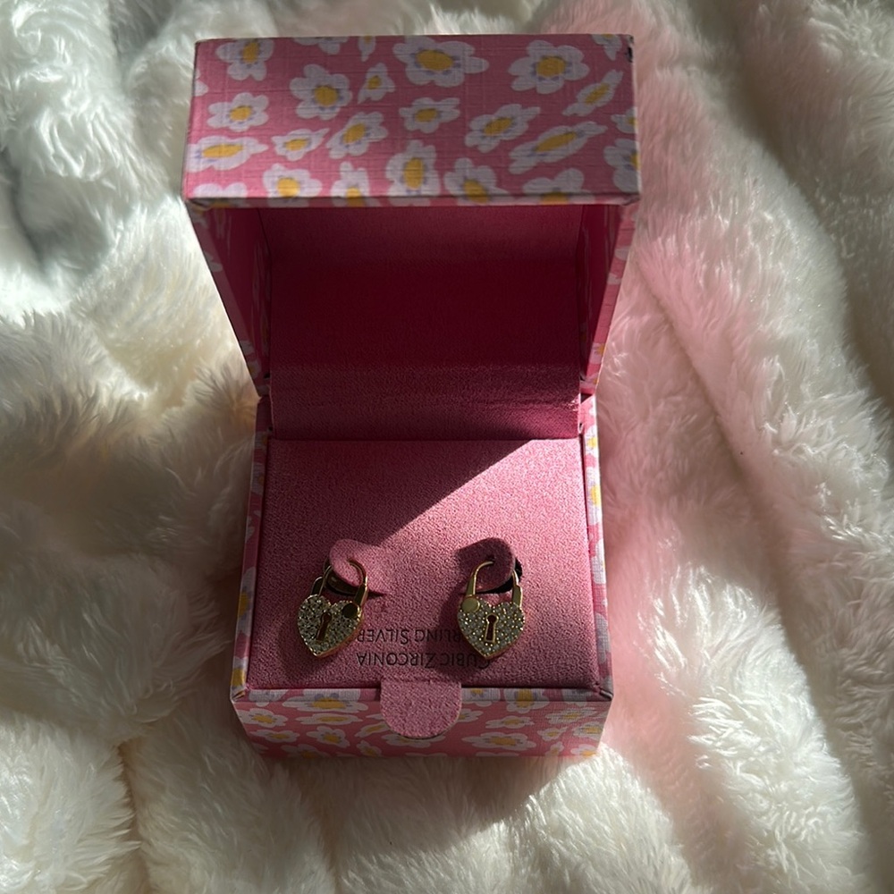 Gold heart lock earrings brand new cubic zirconia sterling silver